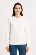 Kadın 3 İplik Pamuklu Düz Bisiklet Yaka SweatShirt - Beyaz