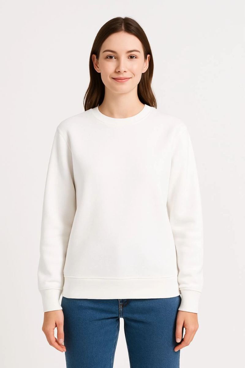 Kadın 3 İplik Pamuklu Düz Bisiklet Yaka SweatShirt - Beyaz
