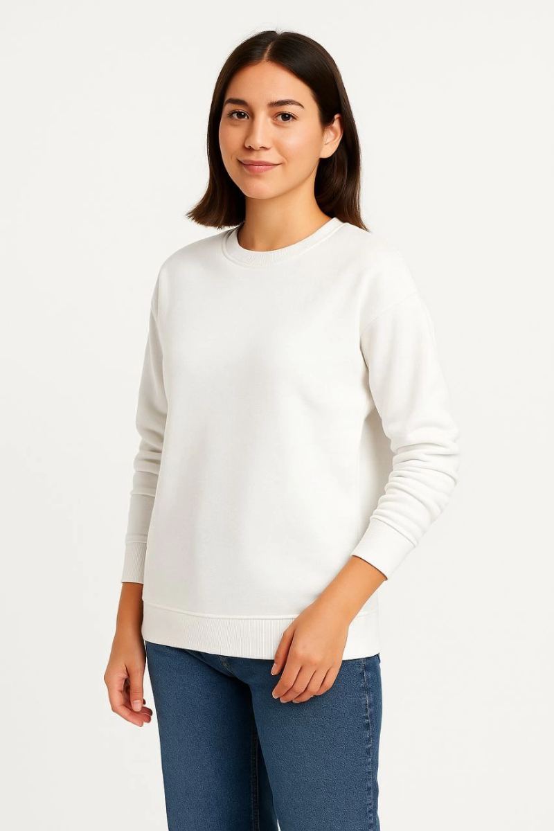 Kadın 3 İplik Pamuklu Düz Bisiklet Yaka SweatShirt - Beyaz