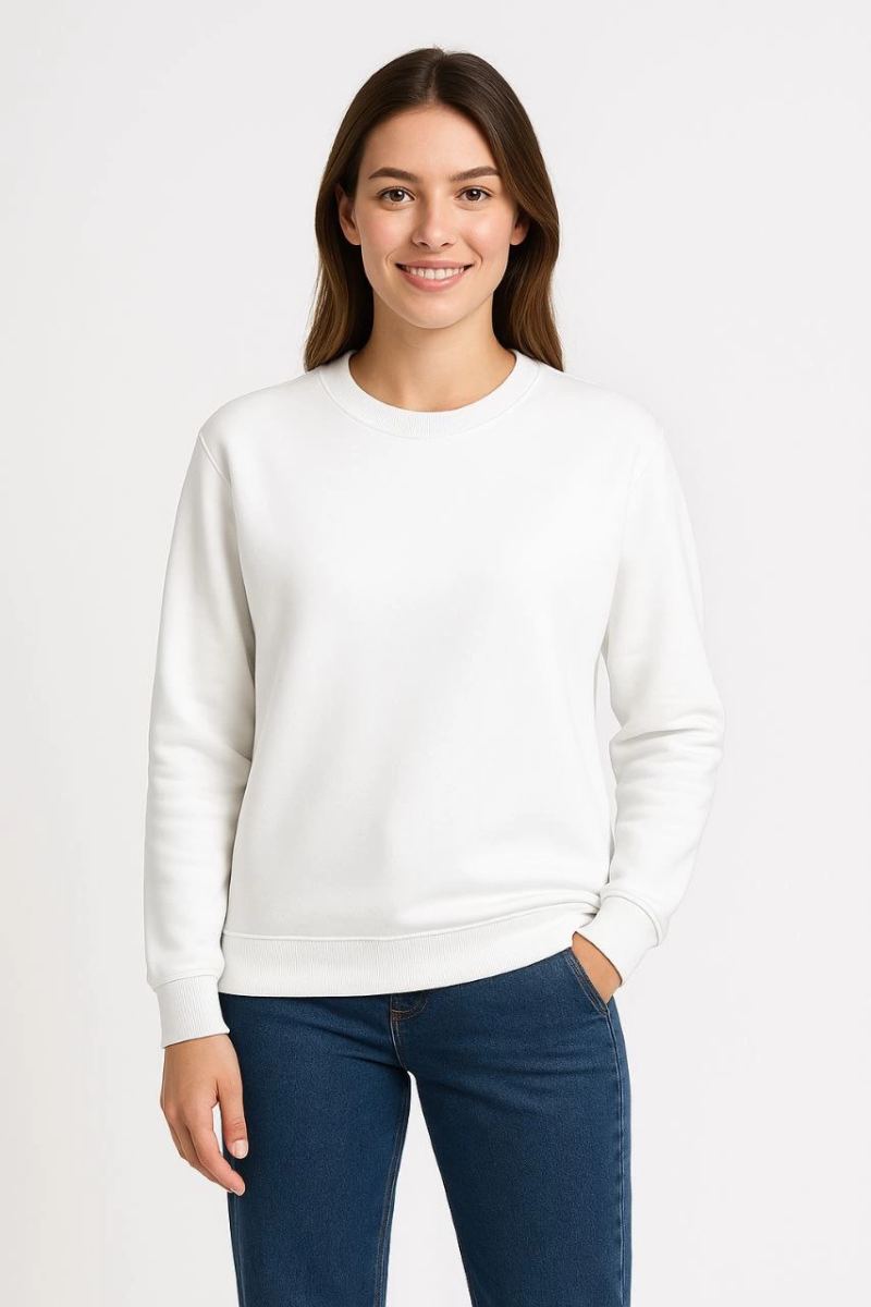 Kadın 3 İplik Pamuklu Düz Bisiklet Yaka SweatShirt - Beyaz