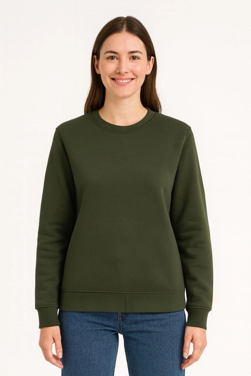 Kadın 3 İplik Pamuklu Düz Bisiklet Yaka SweatShirt - Haki
