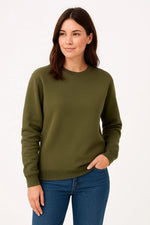 Kadın 3 İplik Pamuklu Düz Bisiklet Yaka SweatShirt - Haki
