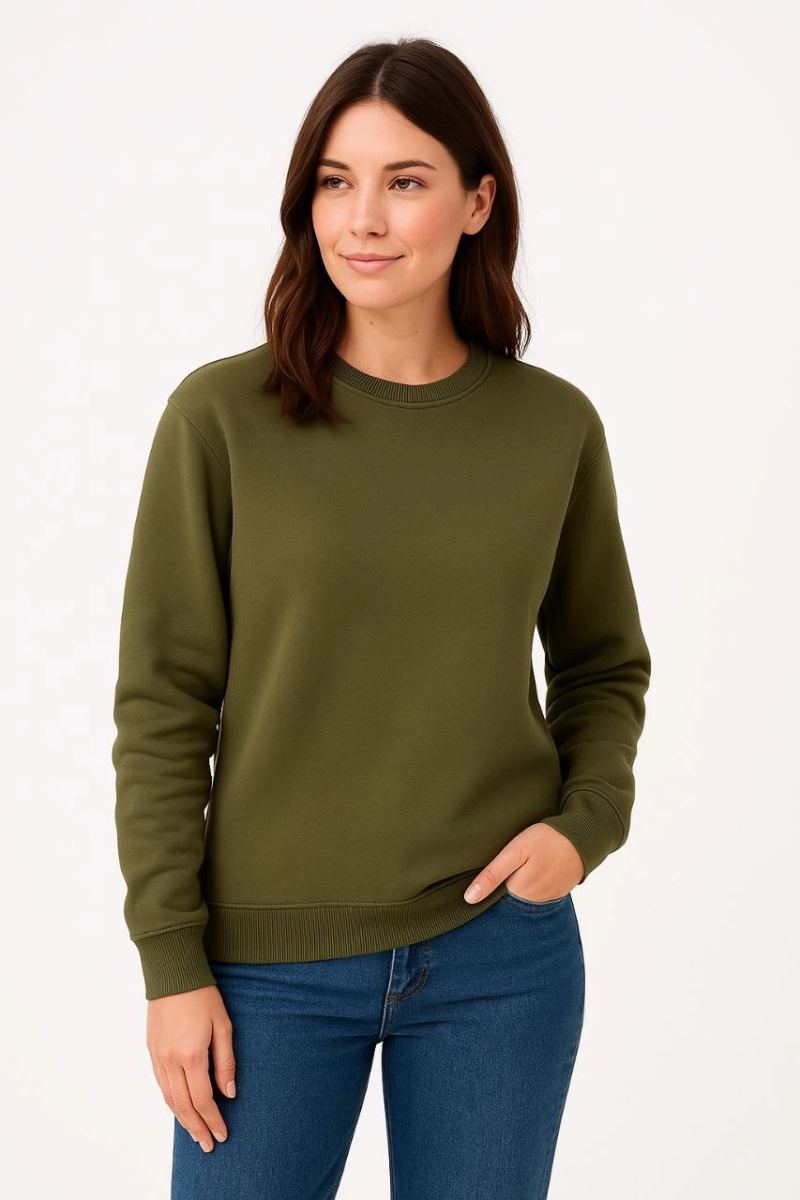 Kadın 3 İplik Pamuklu Düz Bisiklet Yaka SweatShirt - Haki