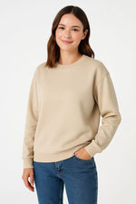 Kadın 3 İplik Pamuklu Düz Bisiklet Yaka SweatShirt - Bej