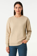 Kadın 3 İplik Pamuklu Düz Bisiklet Yaka SweatShirt - Bej