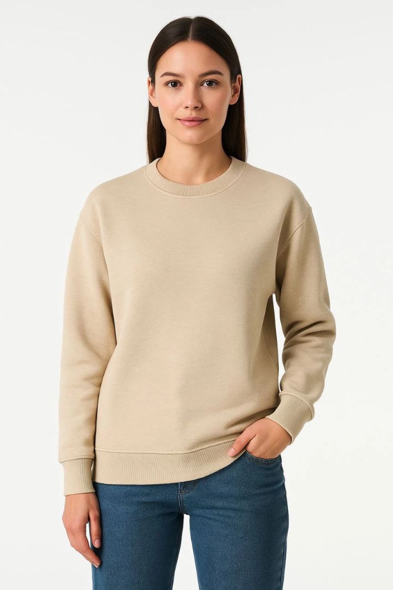 Kadın 3 İplik Pamuklu Düz Bisiklet Yaka SweatShirt - Bej