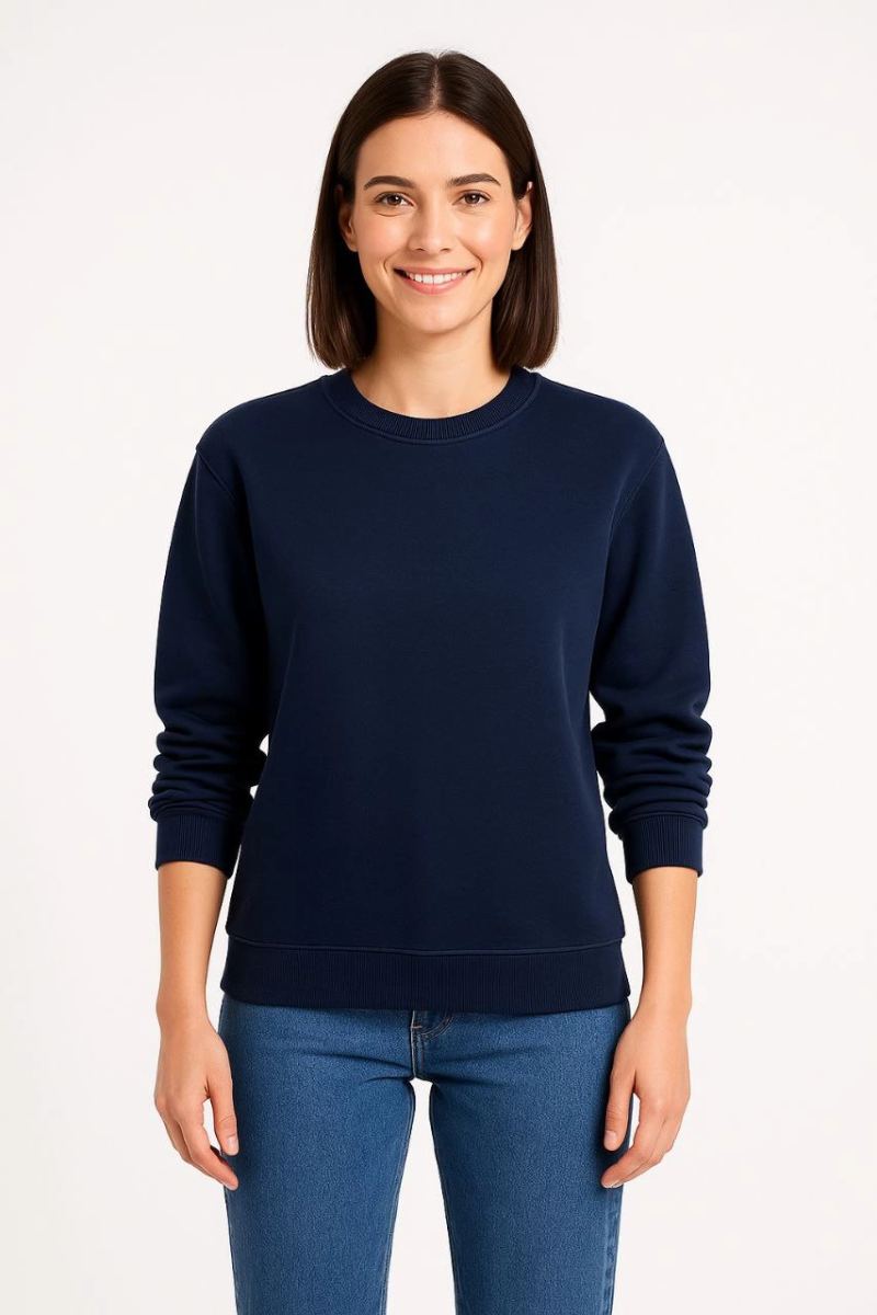 Kadın 3 İplik Pamuklu Düz Bisiklet Yaka SweatShirt - Lacivert