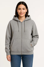 Kadın 3 İplik Pamuklu Kapüşonlu Tam Fermuarlı Kanguru Cepli Sweatshirt Hoodie - Gri