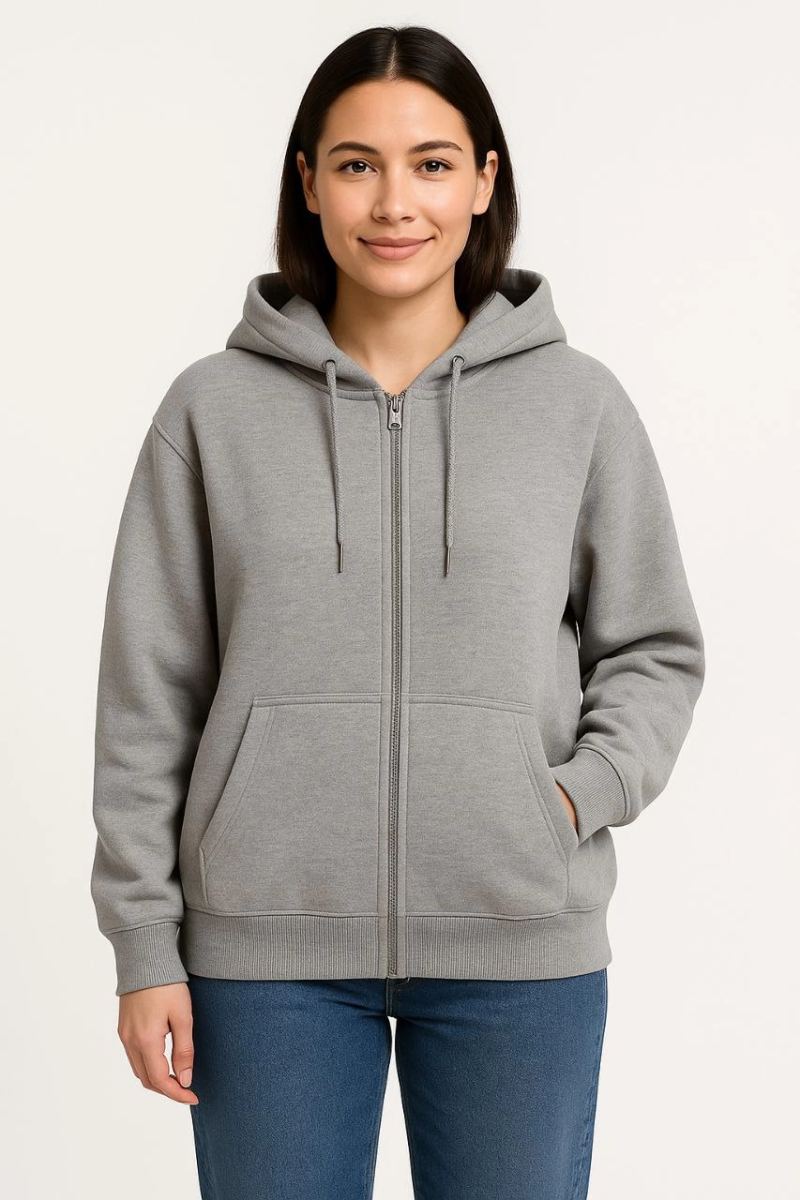 Kadın 3 İplik Pamuklu Kapüşonlu Tam Fermuarlı Kanguru Cepli Sweatshirt Hoodie - Gri