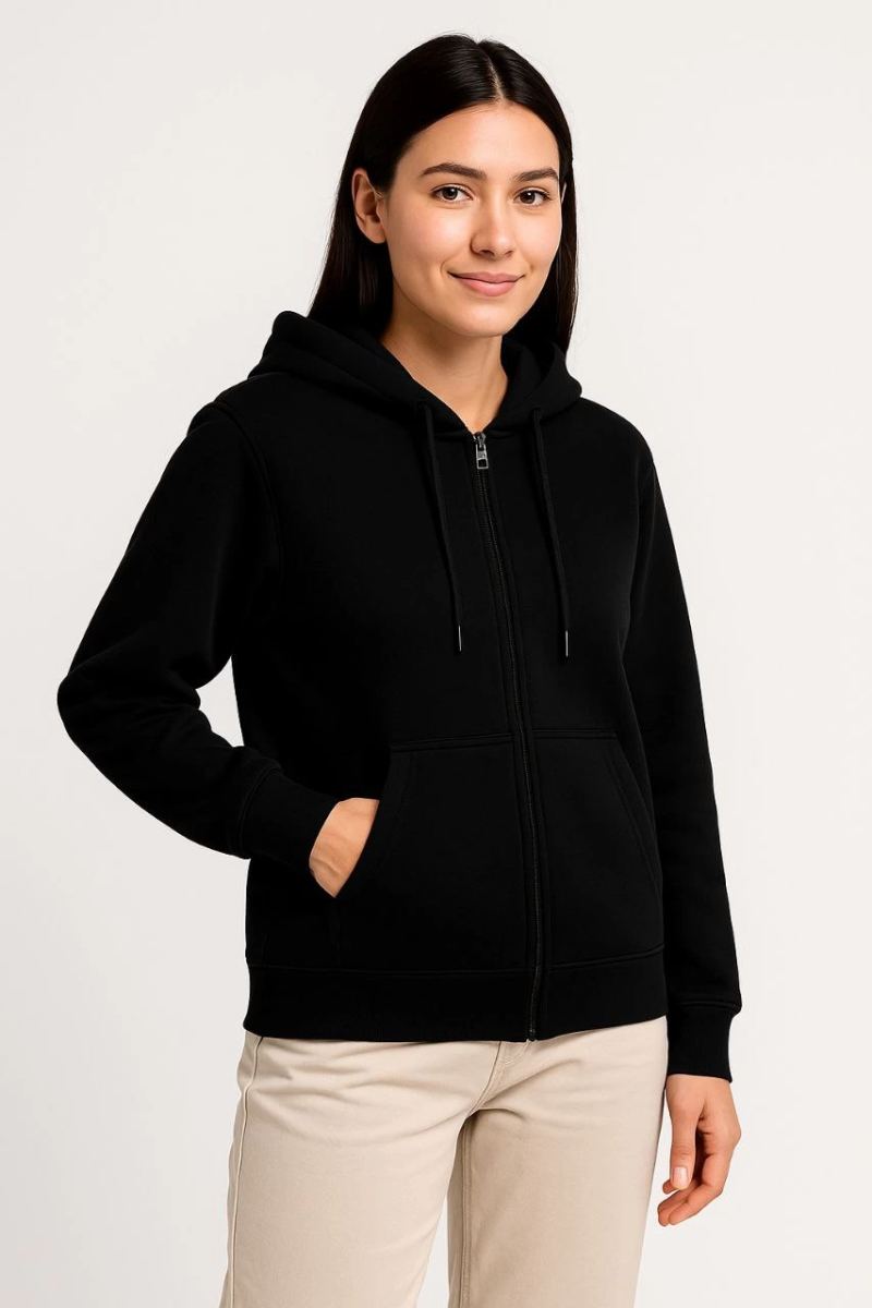 Kadın 3 İplik Kapüşonlu Tam Fermuarlı Kanguru Cepli Sweatshirt Hoodie - Siyah