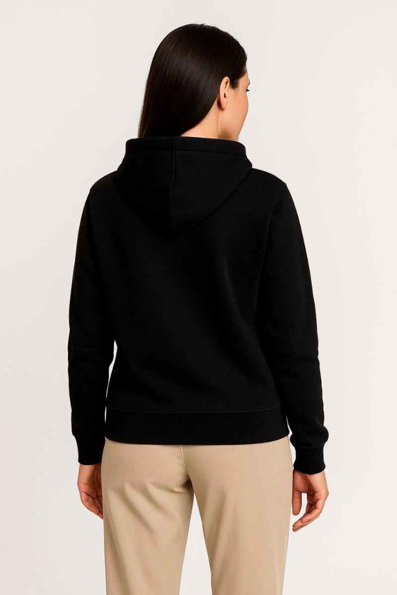 Kadın 3 İplik Kapüşonlu Tam Fermuarlı Kanguru Cepli Sweatshirt Hoodie - Siyah