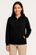 Kadın 3 İplik Kapüşonlu Tam Fermuarlı Kanguru Cepli Sweatshirt Hoodie - Siyah