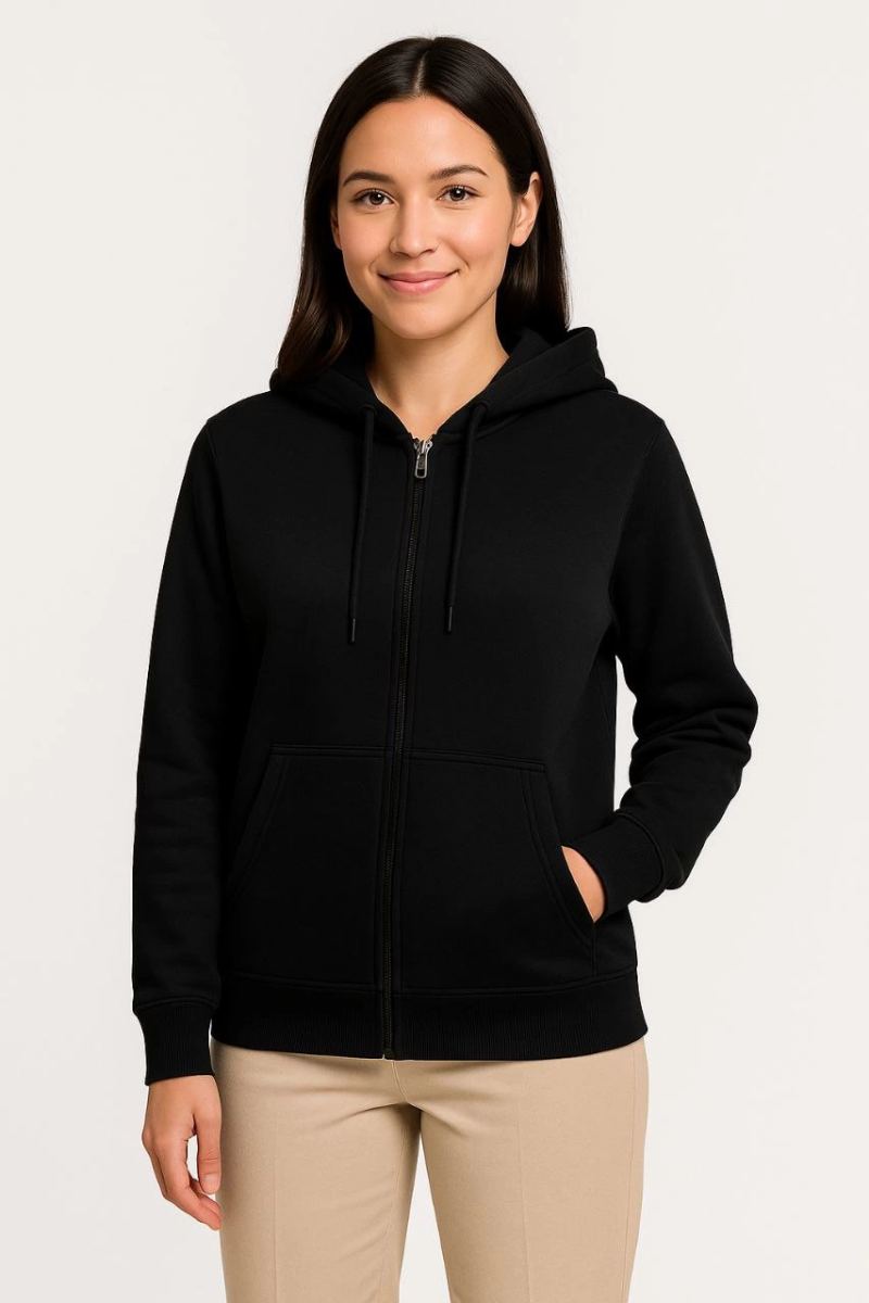 Kadın 3 İplik Kapüşonlu Tam Fermuarlı Kanguru Cepli Sweatshirt Hoodie - Siyah