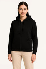 Kadın 3 İplik Kapüşonlu Tam Fermuarlı Kanguru Cepli Sweatshirt Hoodie - Siyah