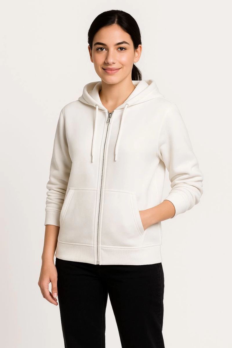 Kadın 3 İplik Kapüşonlu Tam Fermuarlı Kanguru Cepli Sweatshirt Hoodie - Beyaz