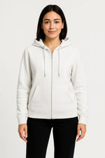 Kadın 3 İplik Kapüşonlu Tam Fermuarlı Kanguru Cepli Sweatshirt Hoodie - Beyaz