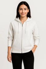 Kadın 3 İplik Kapüşonlu Tam Fermuarlı Kanguru Cepli Sweatshirt Hoodie - Beyaz
