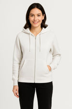 Kadın 3 İplik Kapüşonlu Tam Fermuarlı Kanguru Cepli Sweatshirt Hoodie - Beyaz
