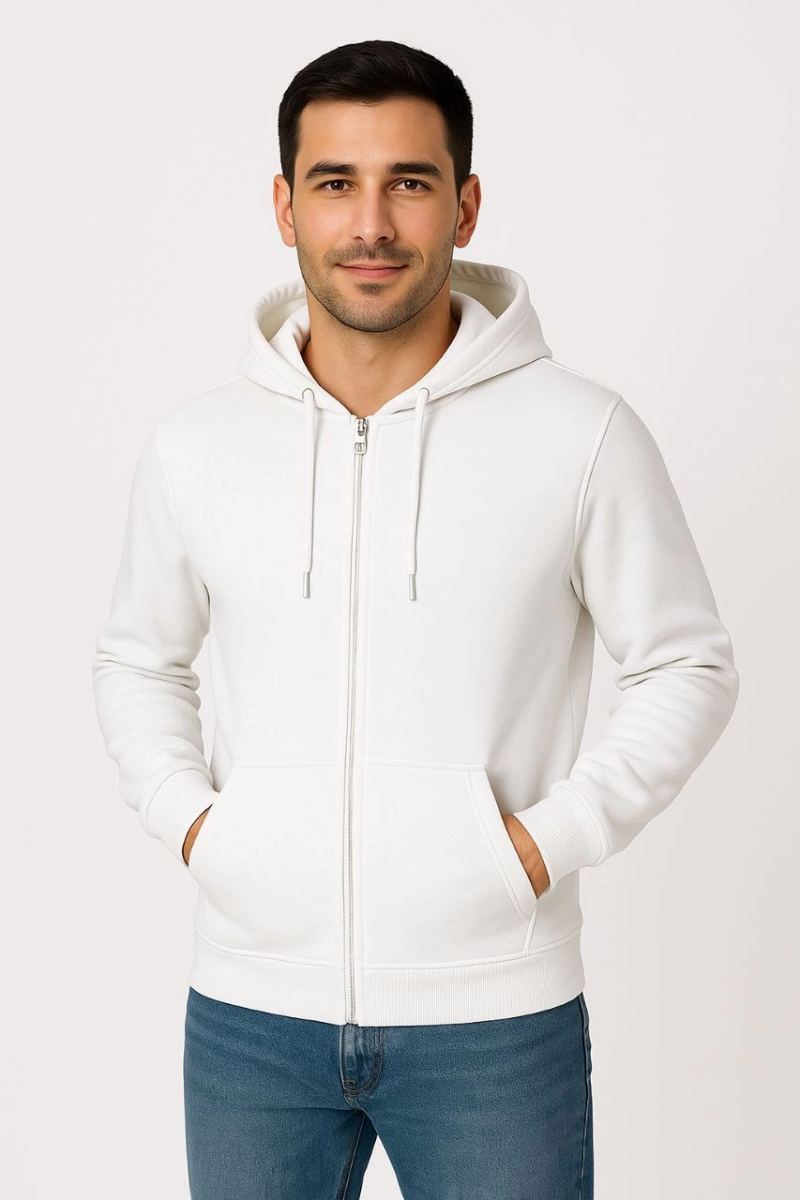 Erkek 3 İplik Pamuklu Kapüşonlu Tam Fermuarlı Cepli Hoodie Sweatshirt - Beyaz