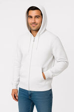 Erkek 3 İplik Pamuklu Kapüşonlu Tam Fermuarlı Cepli Hoodie Sweatshirt - Beyaz