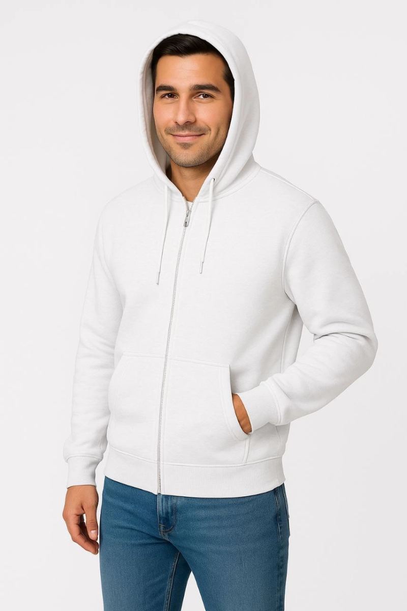 Erkek 3 İplik Pamuklu Kapüşonlu Tam Fermuarlı Cepli Hoodie Sweatshirt - Beyaz