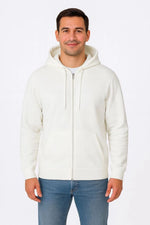 Erkek 3 İplik Pamuklu Kapüşonlu Tam Fermuarlı Cepli Hoodie Sweatshirt - Beyaz