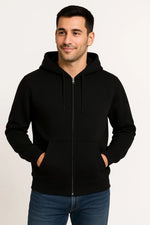 Erkek 3 İplik Pamuklu Kapüşonlu Tam Fermuarlı Cepli Hoodie Sweatshirt - Siyah