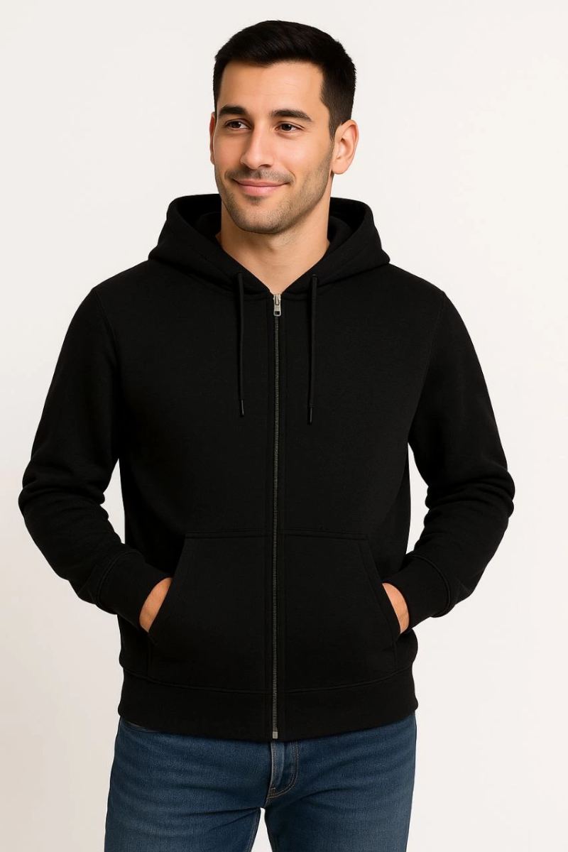 Erkek 3 İplik Pamuklu Kapüşonlu Tam Fermuarlı Cepli Hoodie Sweatshirt - Siyah