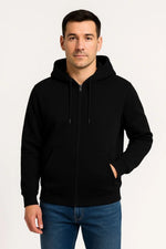 Erkek 3 İplik Pamuklu Kapüşonlu Tam Fermuarlı Cepli Hoodie Sweatshirt - Siyah