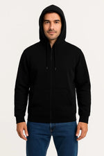 Erkek 3 İplik Pamuklu Kapüşonlu Tam Fermuarlı Cepli Hoodie Sweatshirt - Siyah