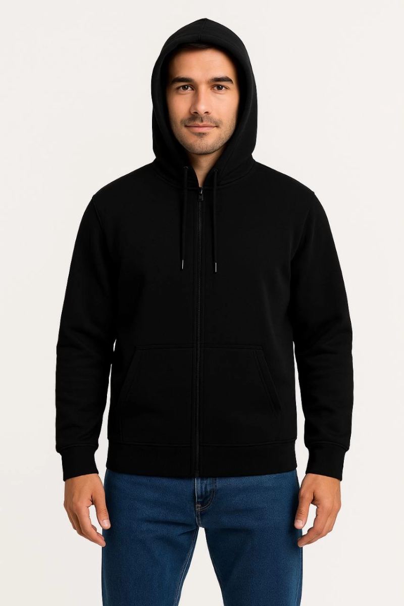 Erkek 3 İplik Pamuklu Kapüşonlu Tam Fermuarlı Cepli Hoodie Sweatshirt - Siyah