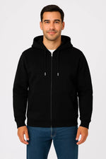 Erkek 3 İplik Pamuklu Kapüşonlu Tam Fermuarlı Cepli Hoodie Sweatshirt - Siyah