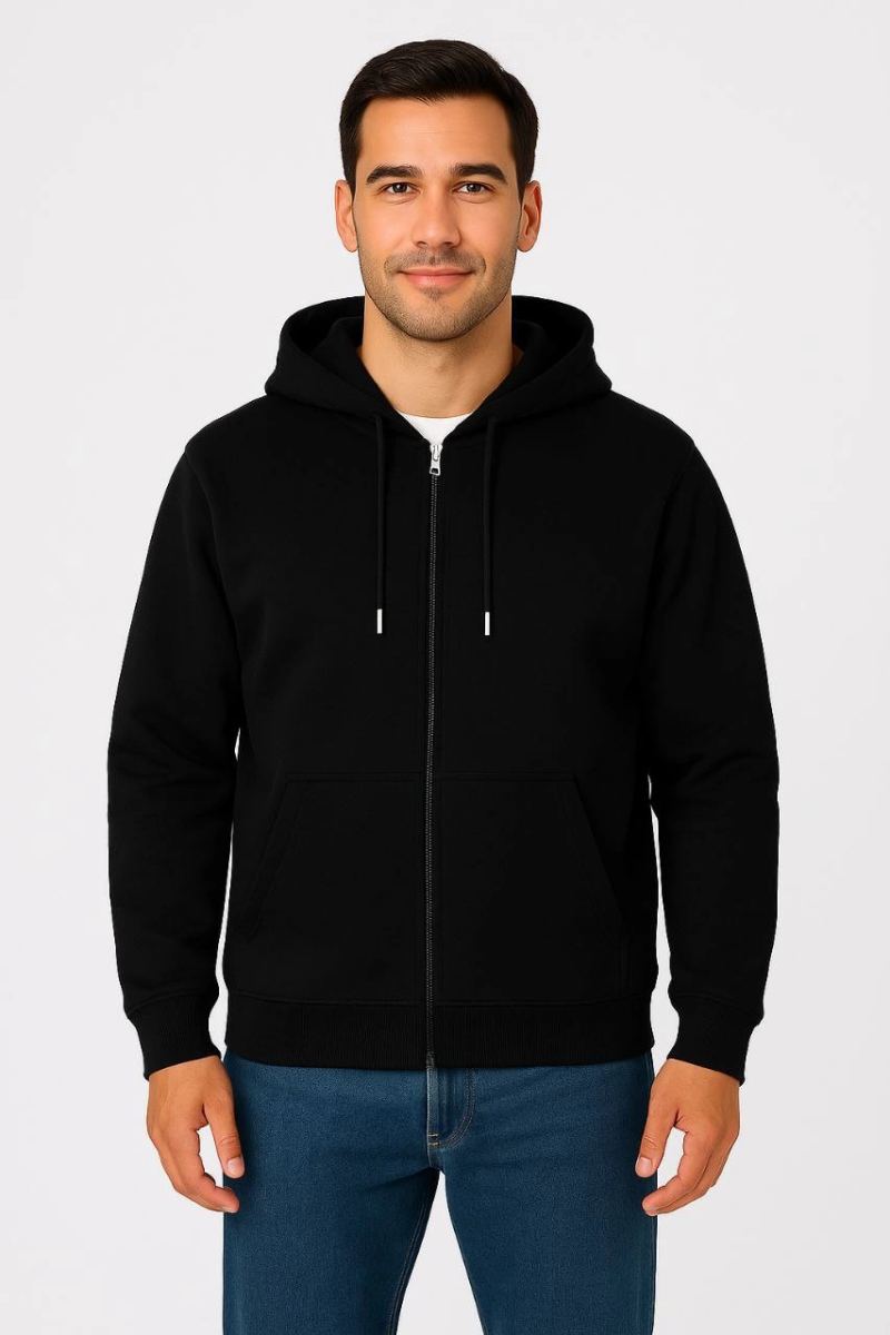 Erkek 3 İplik Pamuklu Kapüşonlu Tam Fermuarlı Cepli Hoodie Sweatshirt - Siyah