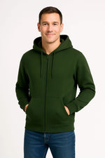 Erkek 3 İplik Pamuklu Kapüşonlu Tam Fermuarlı Cepli Hoodie Sweatshirt - Haki