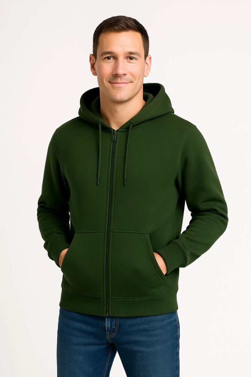 Erkek 3 İplik Pamuklu Kapüşonlu Tam Fermuarlı Cepli Hoodie Sweatshirt - Haki