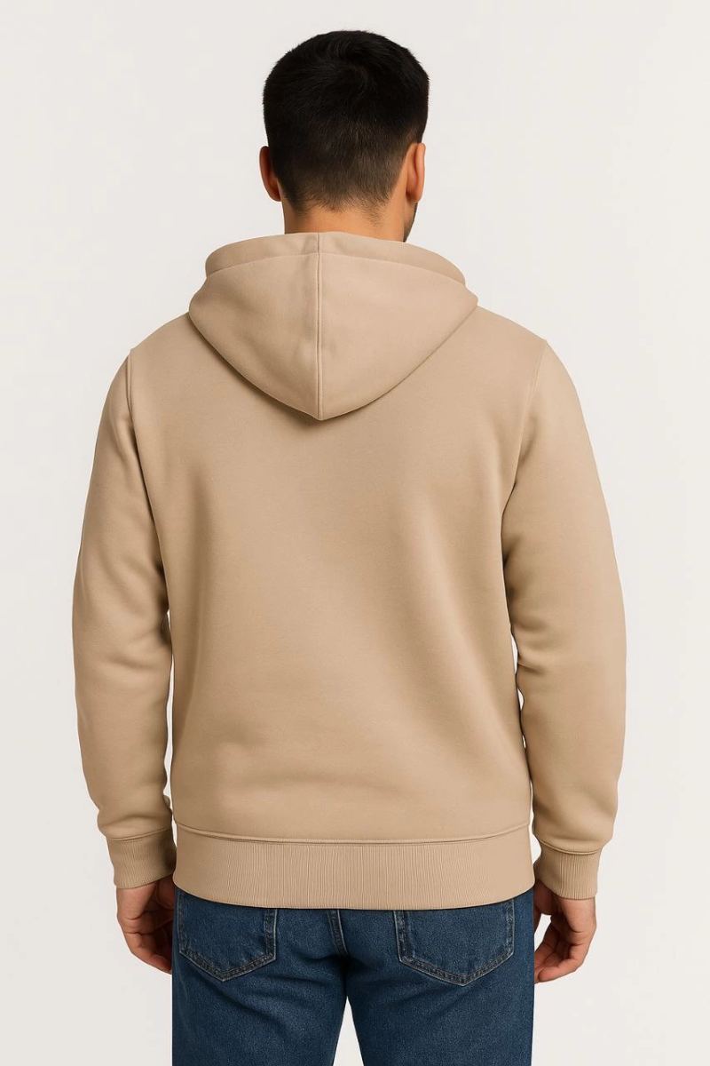 Erkek 3 İplik Pamuklu Kapüşonlu Tam Fermuarlı Cepli Hoodie Sweatshirt - Bej
