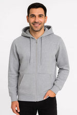 Erkek 3 İplik Pamuklu Kapüşonlu Tam Fermuarlı Cepli Hoodie Sweatshirt - Gri