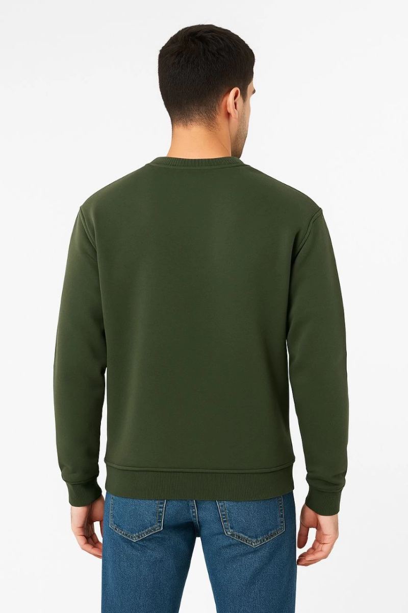 Erkek 3 İplik Pamuklu Düz Bisiklet Yaka SweatShirt - Haki
