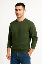 Erkek 3 İplik Pamuklu Düz Bisiklet Yaka SweatShirt - Haki