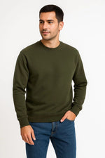 Erkek 3 İplik Pamuklu Düz Bisiklet Yaka SweatShirt - Haki