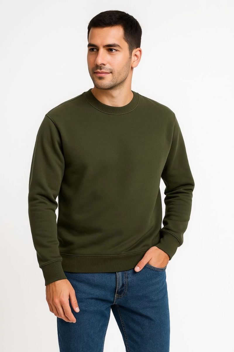 Erkek 3 İplik Pamuklu Düz Bisiklet Yaka SweatShirt - Haki