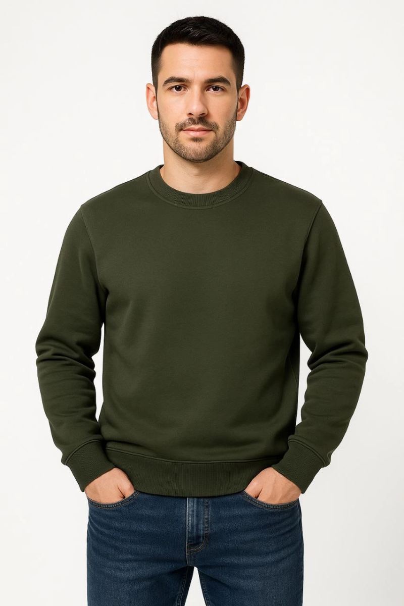 Erkek 3 İplik Pamuklu Düz Bisiklet Yaka SweatShirt - Haki