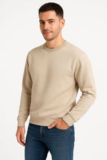 Erkek 3 İplik Pamuklu Düz Bisiklet Yaka SweatShirt - Bej