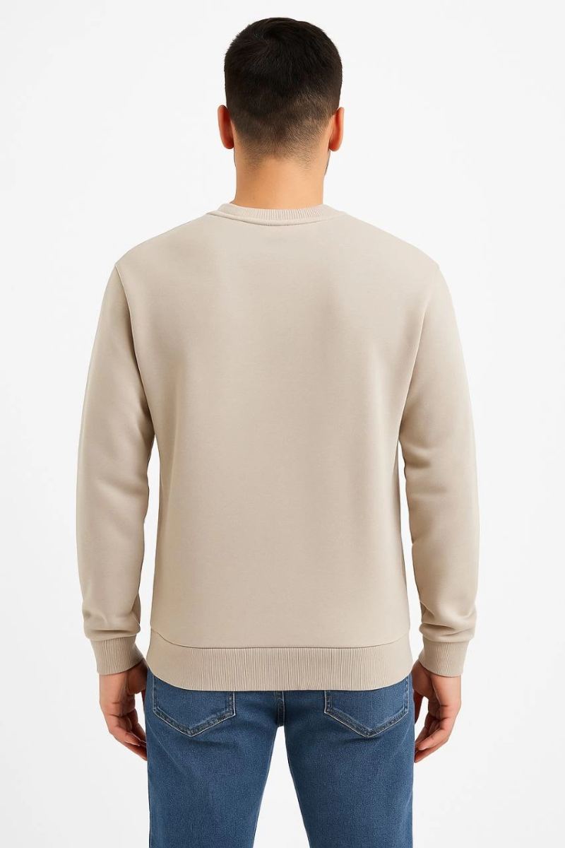 Erkek 3 İplik Pamuklu Düz Bisiklet Yaka SweatShirt - Bej