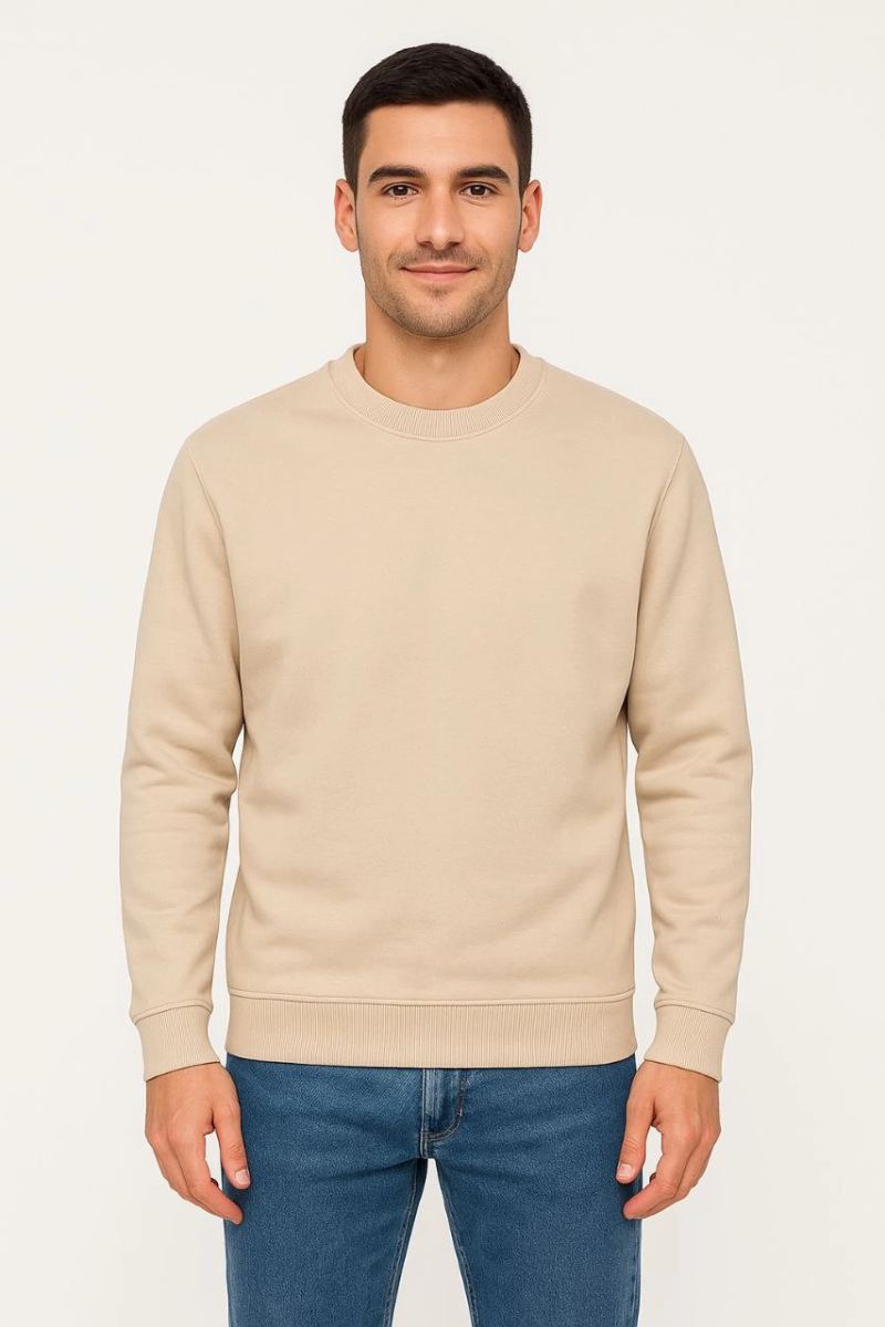 Erkek 3 İplik Pamuklu Düz Bisiklet Yaka SweatShirt - Bej