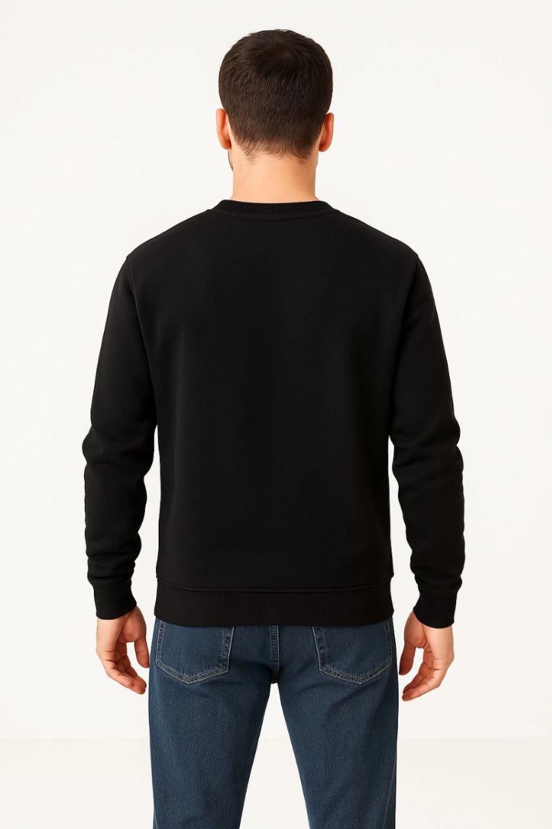 Erkek 3 İplik Pamuklu Düz Bisiklet Yaka SweatShirt - Siyah