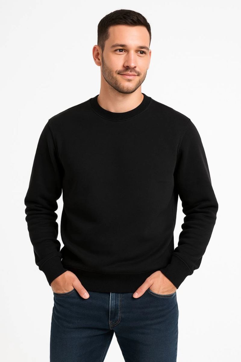 Erkek 3 İplik Pamuklu Düz Bisiklet Yaka SweatShirt - Siyah
