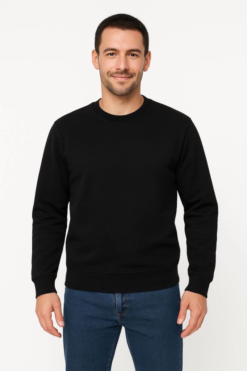 Erkek 3 İplik Pamuklu Düz Bisiklet Yaka SweatShirt - Siyah