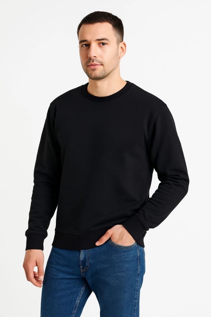 Erkek 3 İplik Pamuklu Düz Bisiklet Yaka SweatShirt - Siyah
