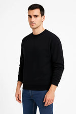 Erkek 3 İplik Pamuklu Düz Bisiklet Yaka SweatShirt - Siyah